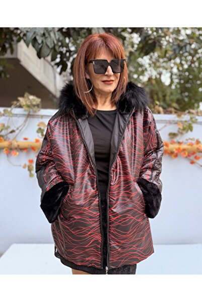 DenizEge Hooded Fur Striped Coat