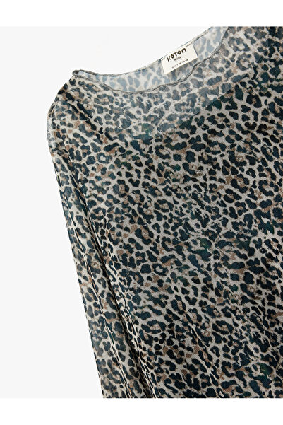 Koton Leopard Print Long Sleeve Crew Neck Crop Blouse