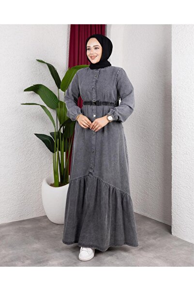 Hb Harma Time Butik Women's Buttoned Belted Denim Dark Gray Jeans Dress