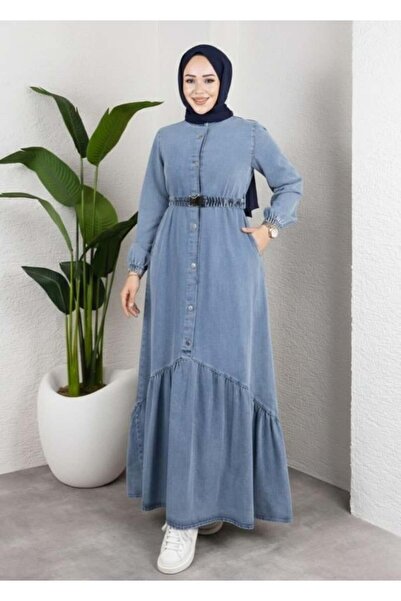 Hb Harma Time Butik Women's Buttoned Belted Denim Jeans Blue Dress