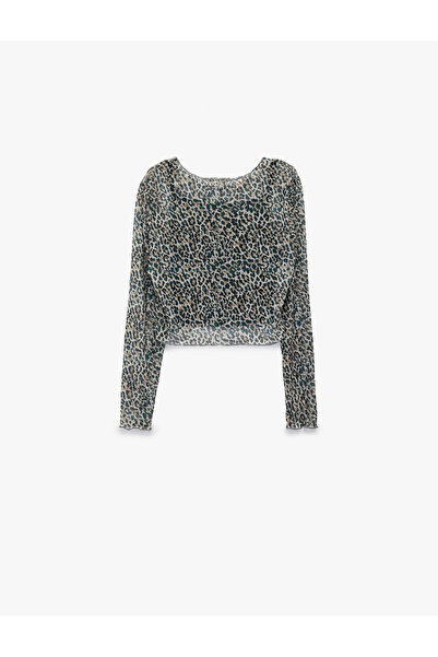 Koton Leopard Print Long Sleeve Crew Neck Crop Blouse