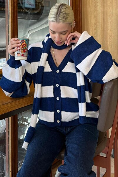 ELBA STİL Navy Blue Striped Scarf Women's Knitwear Cardigan