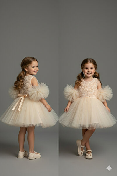 Delfini kids Rochie de petrecere și de zi de naștere din tul cu mâneci cu pompon și imprimeu cu trandafiri