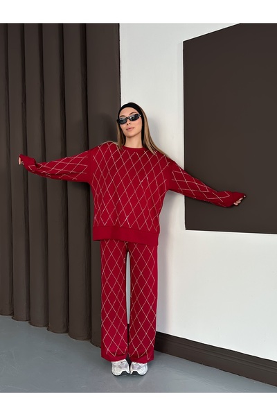 orjinal blue b Women's Casual Diamond Pattern Blouse Elastic Waist Pants Modal Set 3089 60283221