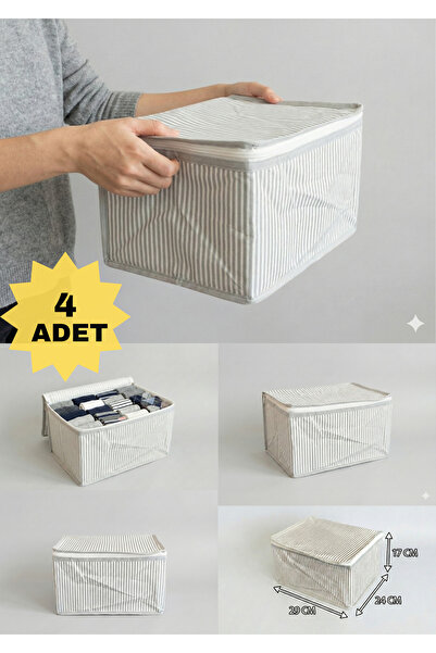 YELLOW STARY HOME DECOR 4'lü Gri Çizgili Çorap Hurcu | Çok Amaçlı Dolap Içi ve Çekmece Içi Düzenleyici 29x24x17 cm
