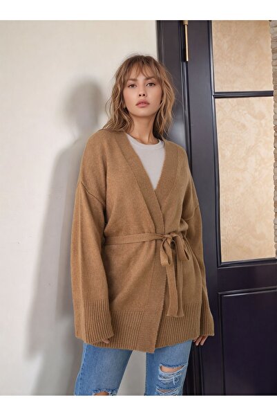 MAMAYAGA Midi Length Suitable for Women's Hijab Double-Breasted Closure Belted Long Sleeve Pocketed Sporty Stylish Knitwear Cardigan Jacket