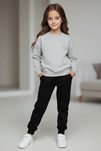 cm buseyiz Girl's Dogmom Printed Crew Neck Tracksuit Set – Black & Grey