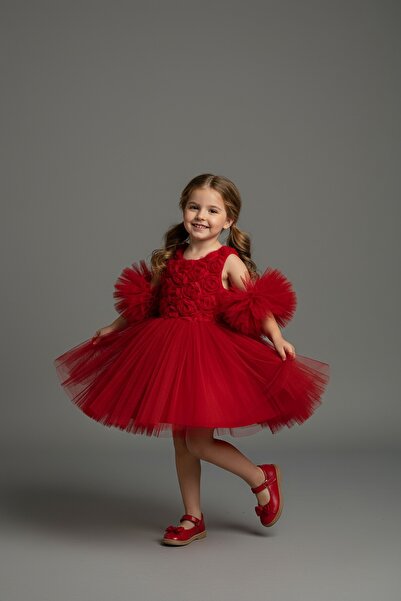 Delfini kids Тюлена рокля за парти и рожден ден с помпони на ръкавите и розов мотив