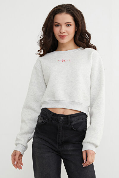 Fulla Moda 3 Thread Teddy Bear Embroidered Crop Sweatshirt