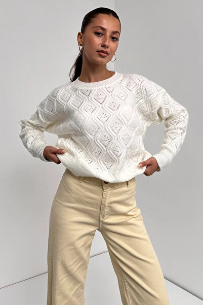 Kienor New Season Women's Crew Neck Patterned Textured Knit Sweater