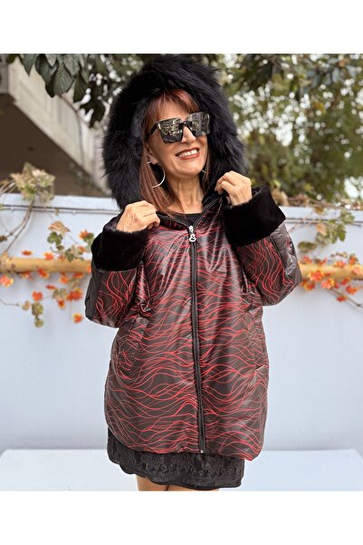 DenizEge Hooded Fur Striped Coat