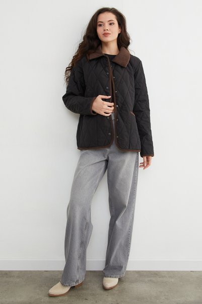 Fulla Moda Velvet Detail Polo Collar Quilted Jacket