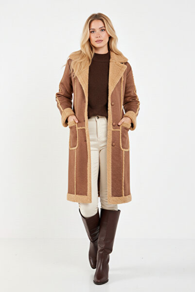 Volanlı KAHVERENGİ ŞERPA PALTO