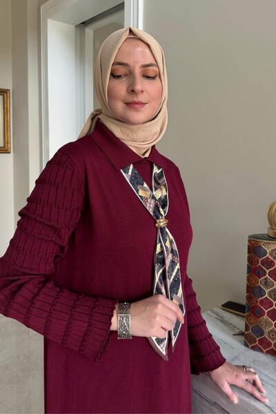Rabia Şamlı Şölen Scarf Knitwear Dress Burgundy