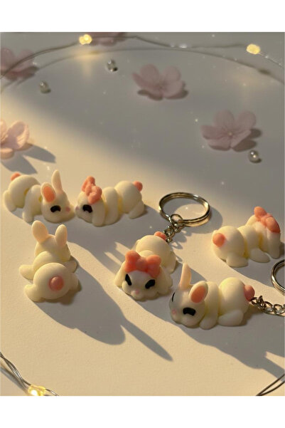 Nycruin3D 2 ADET Hareketli Beyaz Tavşan Anahtarlık Couple/Friendship (Kurdele...