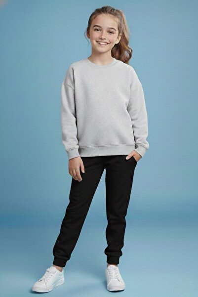 cm buseyiz Girl's Vibes Printed Crew Neck Tracksuit Set – Black & Grey