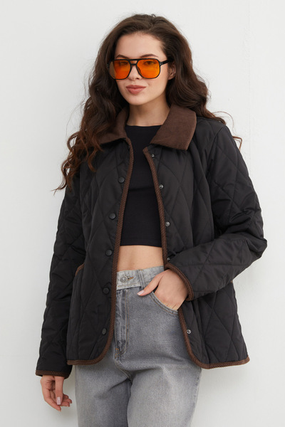 Fulla Moda Velvet Detailed Polo Collar Quilted Coat