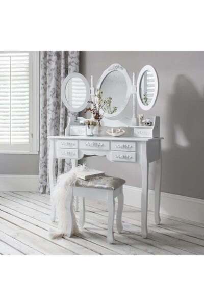Selgot Masă de machiaj albă cu 3 oglinzi și scaun