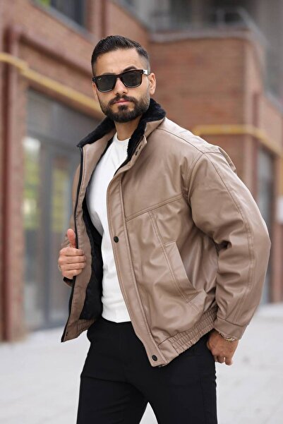 Kawimoda New Season Oversized Fur Collar Men's Leather Coat