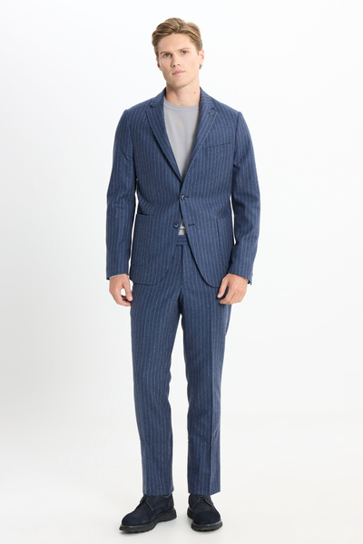 ALTINYILDIZ CLASSICS Men's Blue Woolen Warm Slim Fit Slim Fit Swallow Collar Flap Pocket Striped Suit