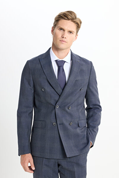 ALTINYILDIZ CLASSICS Men's Navy Blue 100% Wool Slim Fit Slim Fit Swallow Collar Check Double-Breasted Suit