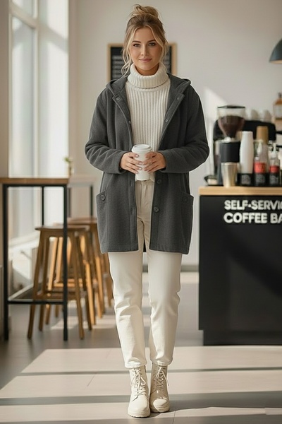 Chiccy Italian Anthracite K Hooded Long Sleeve Buttoned Pocket Casual Velvet O Oversized Woven Jacket 80 70