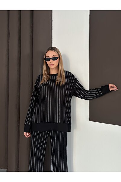 orjinal blue b Women's Modal Blouse Pants Striped Stone Bottom Top Set Trend