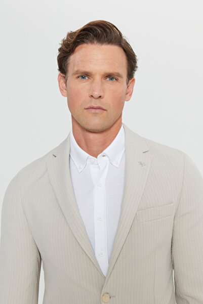 ALTINYILDIZ CLASSICS Men's Beige Slim Fit Slim Fit Mono Collar Striped Seersucker Patterned Flexible Suit with Pocket Pockets