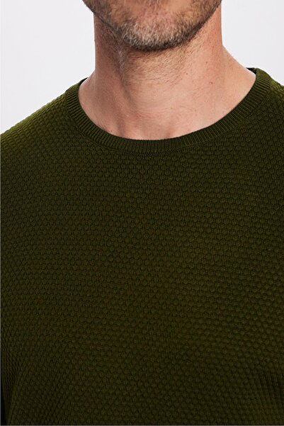 Tudors Men's Standard Fit Regular Cut Crew Neck Honeycomb Patterned Khaki Knitwear Sweater