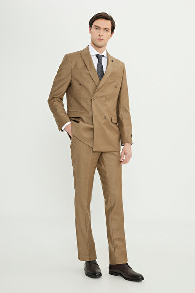 ALTINYILDIZ CLASSICS Men's Camel Wool Slim Fit Slim Fit Swallow Collar Flap Pocket Double-Breasted Piece Suit