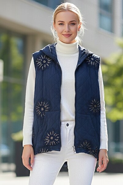 Chiccy Італійський синій капюшон без рукавів на блискавці з кишенями-кенгуру, з паєтками, з капітоне-тканиною, жилет 67 62