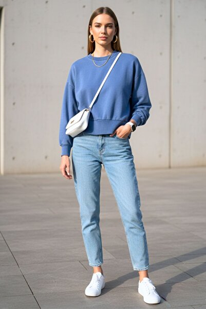 Kübra Tekstil Γυναικείο μπλουζάκι με μακρυμάνικο βαμβακερό λαιμόκοψη μπλε - Γυναικείο φούτερ