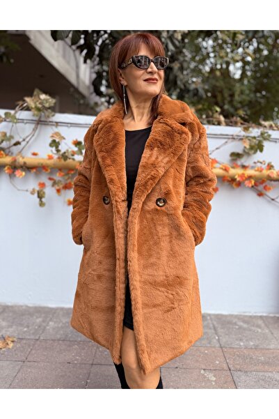 DenizEge Women's Long Fur Coat Brown