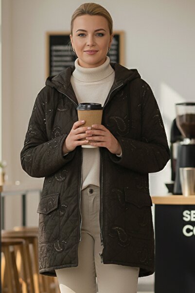 Chiccy Italian Brown K Hooded Long Sleeve Zippered Sequined All over Embroidered Woven Jacket 75 65