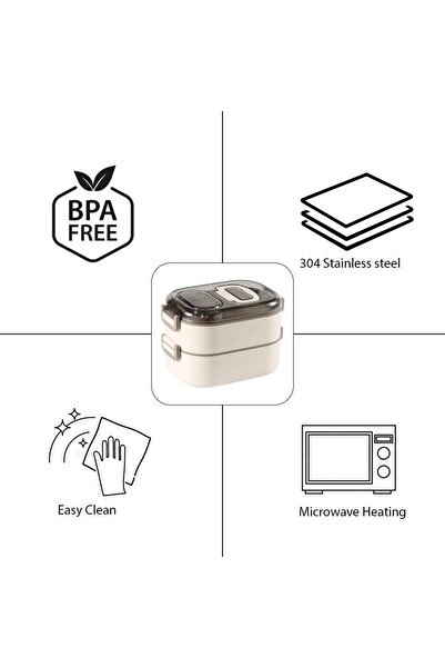 Generic Double Storey Stainless Steel Lunch Box 3 Compartment Tiffin with Sauce Lid Spoon Fork Cream