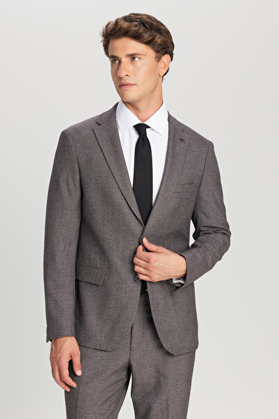 ALTINYILDIZ CLASSICS Men's Burgundy-Grey Slim Fit Slim Fit Mono Collar Patterned Flexible Suit with Flap Pocket