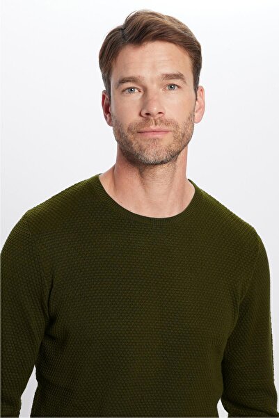 Tudors Men's Standard Fit Regular Cut Crew Neck Honeycomb Patterned Khaki Knitwear Sweater