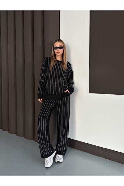 orjinal blue b Women's Modal Blouse Pants Striped Stone Bottom Top Set Trend