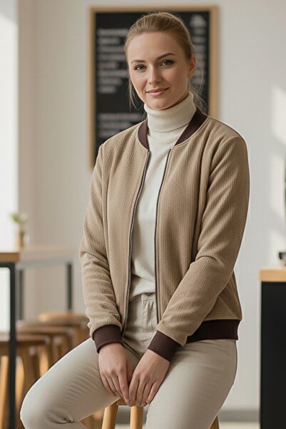 Chiccy Italian Beige Bomber Collar Cuffed Sleeves Zippered Without Pockets Without Lining Velvet Woven Bomber Jacket 68 65