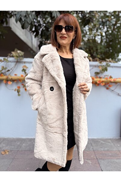 DenizEge Women's Long Faux Fur Coat Beige