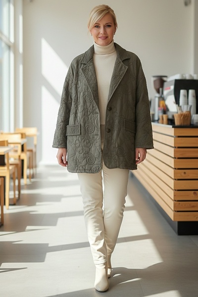 Chiccy Italian Khaki Jacket Collar Long Sleeve Buttoned Allover Embroidered Quilted O Oversized Woven Jacket 78 70