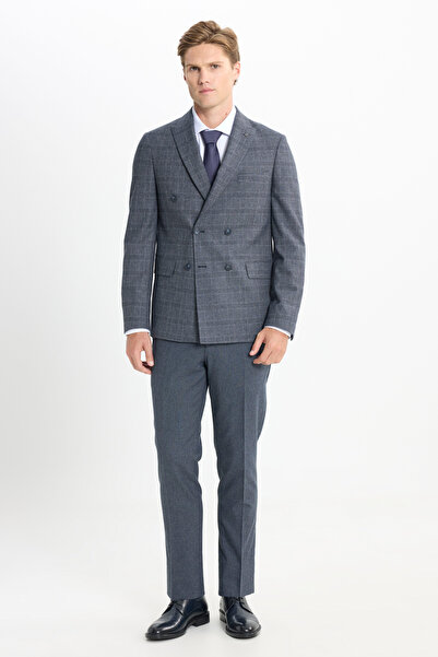 ALTINYILDIZ CLASSICS Men's Dark Gray Slim Fit Slim Fit Swallow Collar Checkered Flexible Suit with Flap Pockets