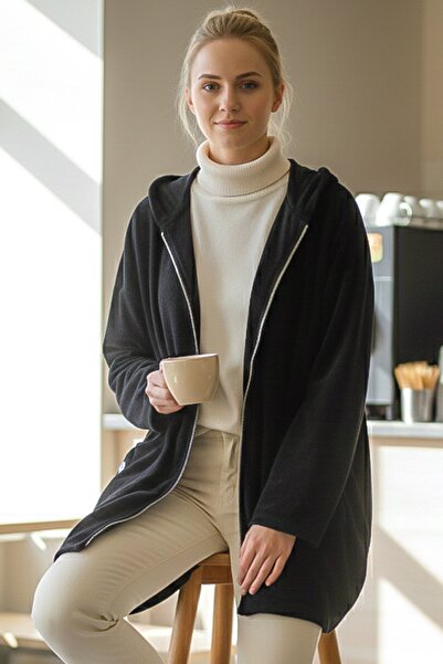 Chiccy Italian Black K Hooded Long Sleeve Casual Velvet O Oversized Woven Jacket with Zipper Pockets 0 0