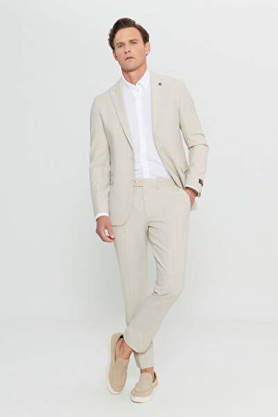 ALTINYILDIZ CLASSICS Men's Beige Wool Slim Fit Slim Fit Swallow Collar Plaid Seersucker Patterned Suit with Flap Pockets