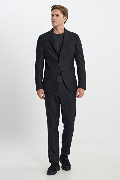 ALTINYILDIZ CLASSICS Men's Anthracite Wool Slim Fit Slim Fit Mono Collar Tie Waist Diagonal Pattern Suit