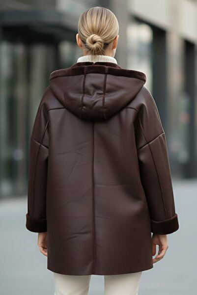 Chiccy Italian Brown K Hooded Long Sleeve Zippered Pocket Faux Leather O Oversized Woven Coat 78 70