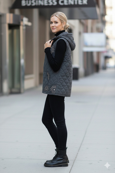 Chiccy Italian Anthracite K Hooded Sleeveless Zippered Kangaroo Pocket Sequined Quilted Woven Vest 67 62