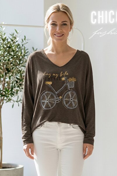 Chiccy Italian Brown V-Neck Long Sleeve B Printed Casual Acrylic O Oversized Knitwear Blouse 68 70