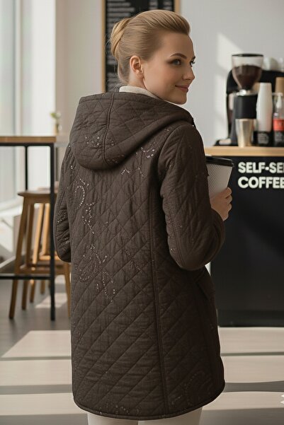 Chiccy Italian Brown K Hooded Long Sleeve Zippered Sequined All over Embroidered Woven Jacket 75 65