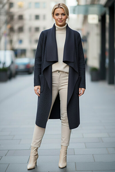 Chiccy Italian Navy Blue Shawl Collar Long Sleeve Pocketed Slim Mottled Casual Cashmere Ov Oversized Okuma Jacket 105 65